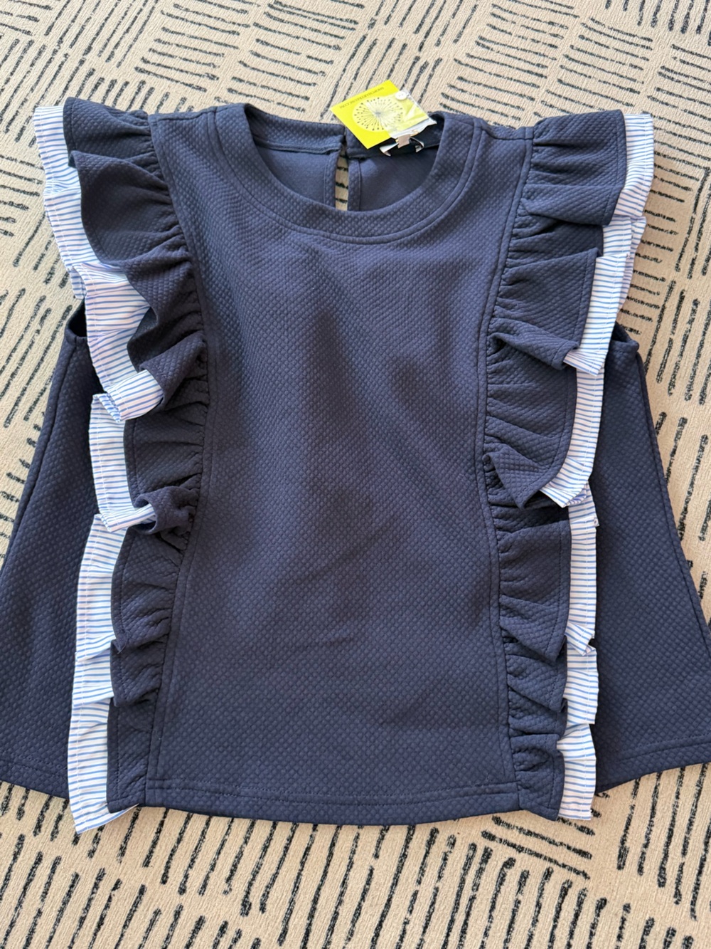 Voy Navy Ruffle Long-Sleeve Tee with Striped Trim